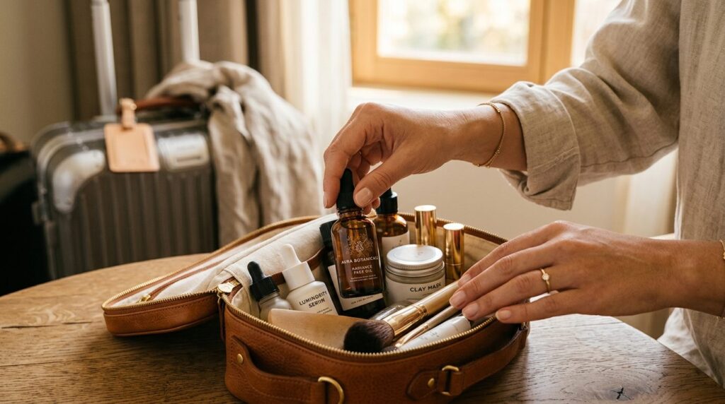 Kvinde vælger kosmetik fra et sortiment af produkter på en hvid baggrund.