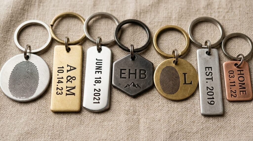 Close-up flatlay of personalized metal keychains arranged on