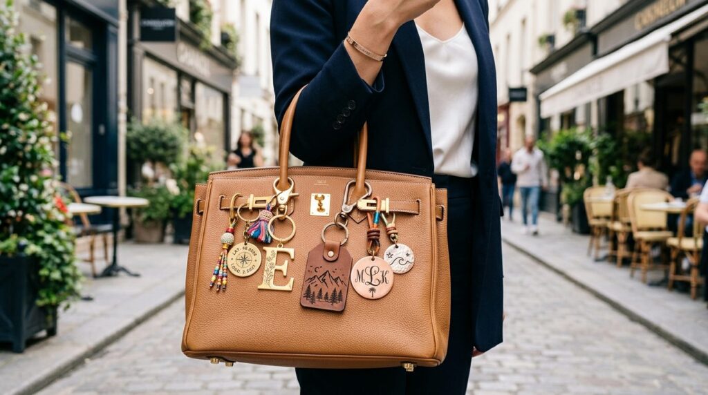 Lifestyle product shot of customized keychains hanging from 