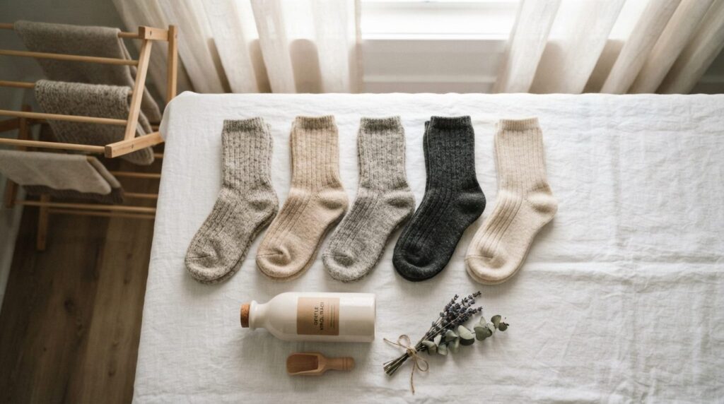Close-up flat lay of premium natural fiber socks in neutral