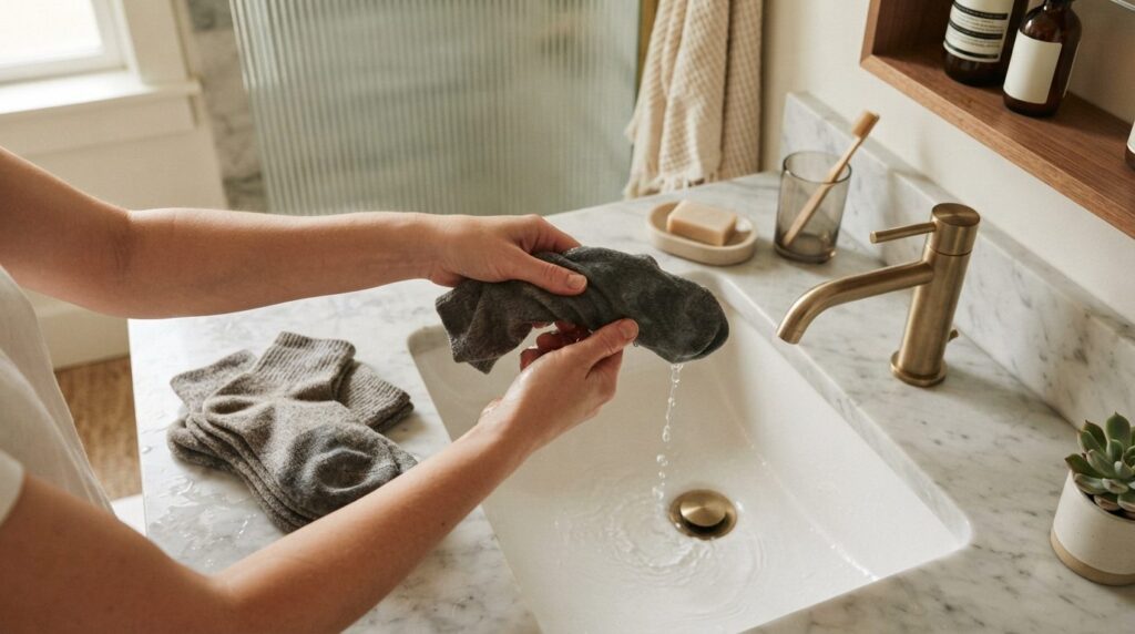 Overhead shot of hands carefully wringing out wet merino woo