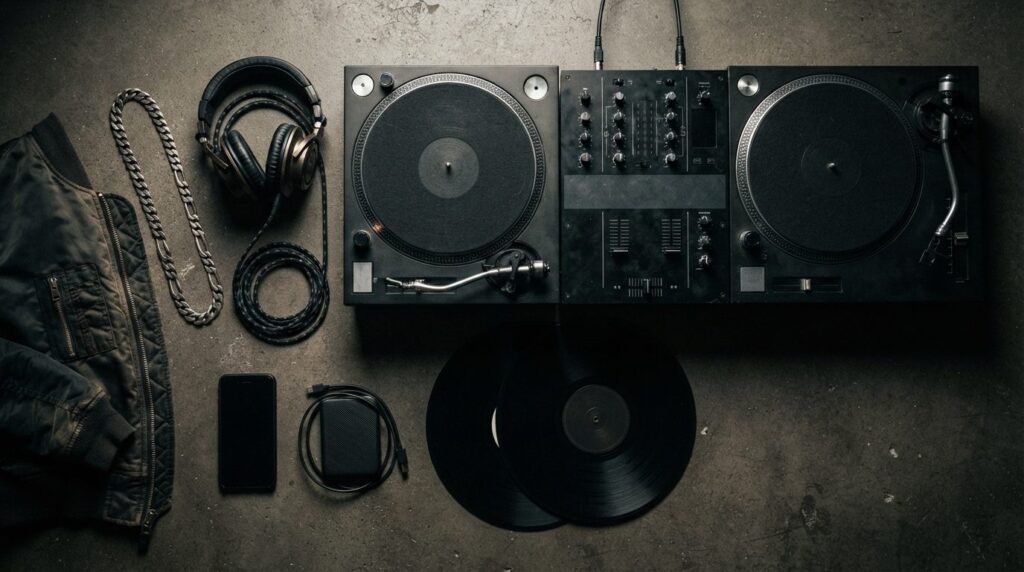 Flat-lay overhead shot of DJ culture lifestyle accessories i