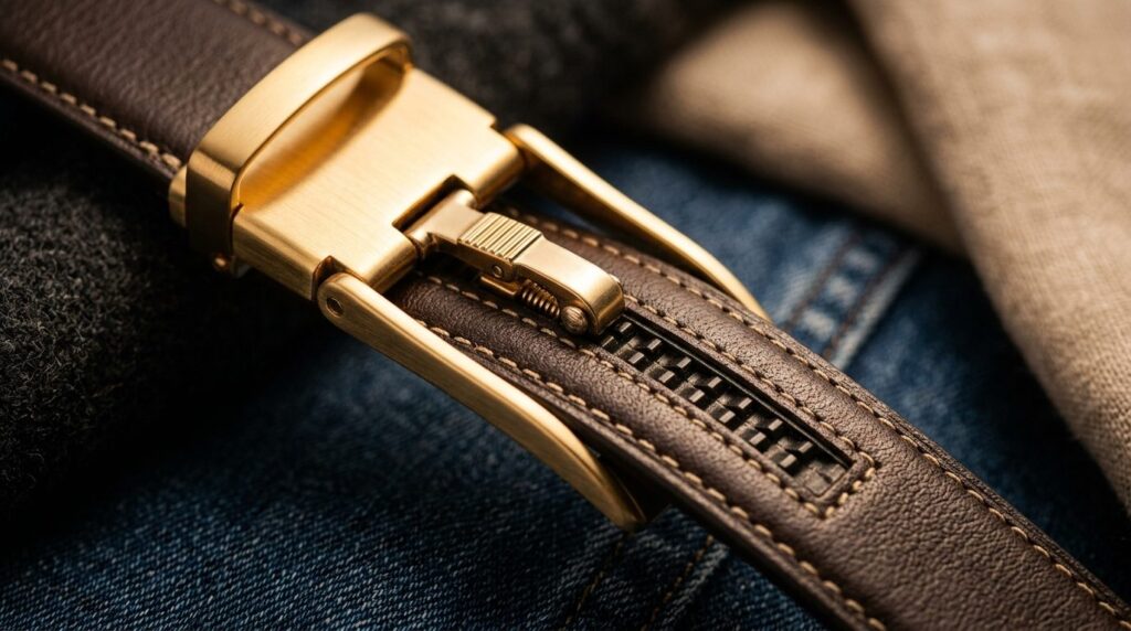 Close-up detail shot of luxury womens micro-adjustment belt