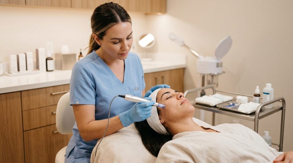 Luxury skincare clinic setting: Aesthetician performing adva