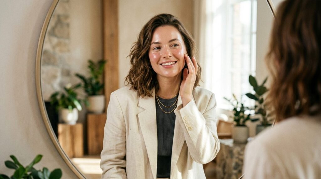 Fashion-forward beauty portrait: Stylish woman examining her