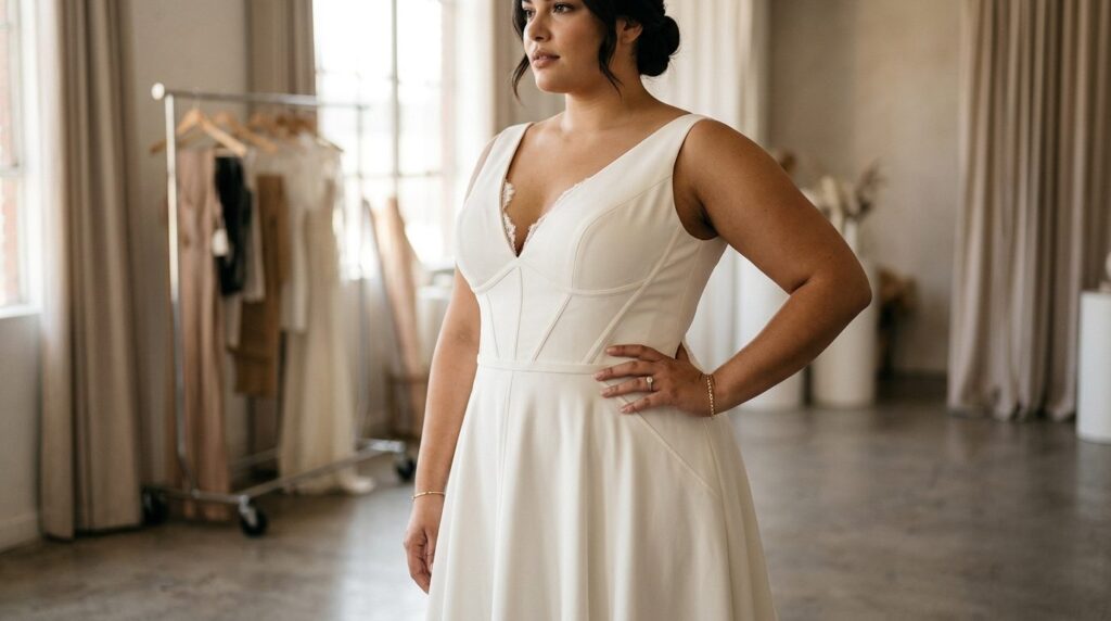 Close-up fashion detail shot of a plus-size bridal gown show
