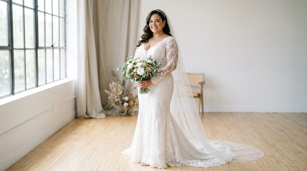 Full-length fashion portrait of a confident plus-size bride