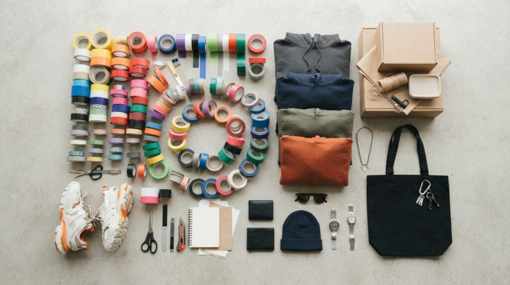 Flat lay composition of organized tape collection in various