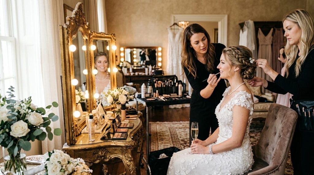 Brud i elegantkjole under forberedelserne til fotograferingen.