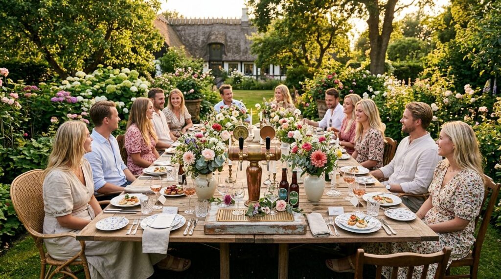 Overhead view of a beautifully styled garden party table in