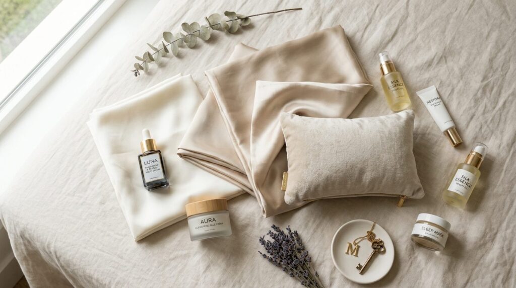 Flat lay lifestyle composition featuring silk and satin pill