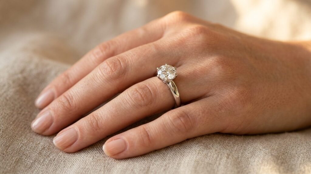 Close-up macro photography of a womans hand wearing a class