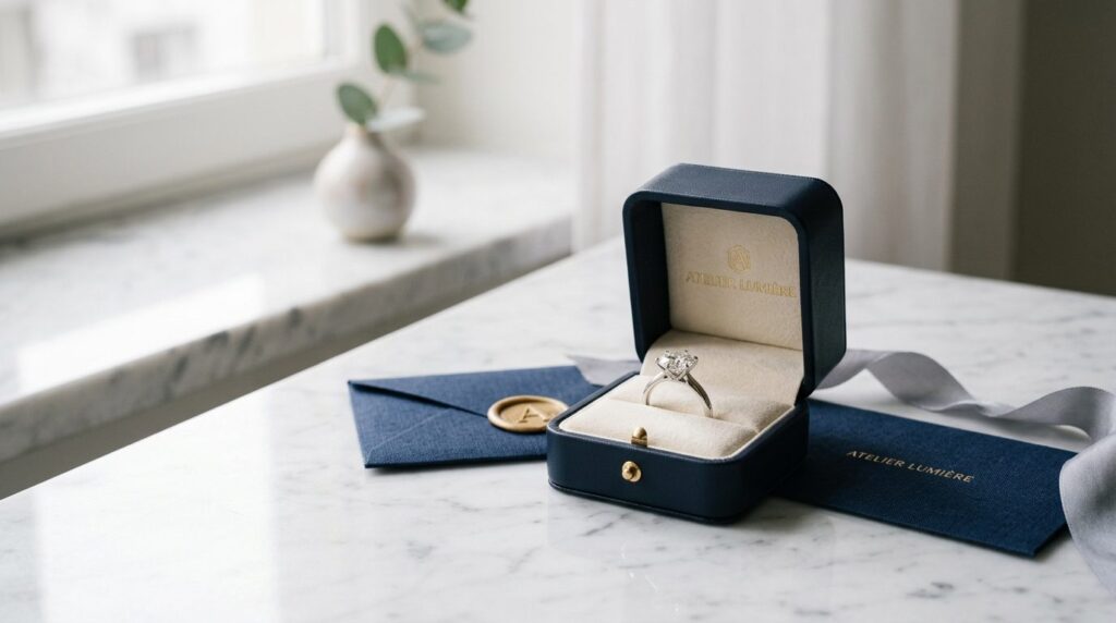 Minimalist still life photography of an engagement ring box