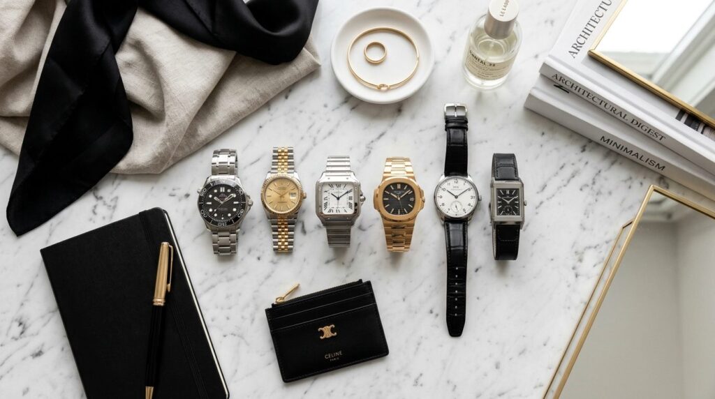 Flat lay fashion styling photograph, multiple designer watch
