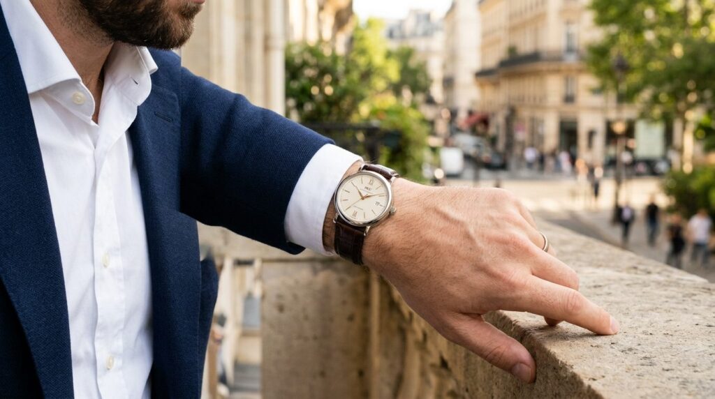 Fashion editorial shot of a mans wrist wearing a classic ti