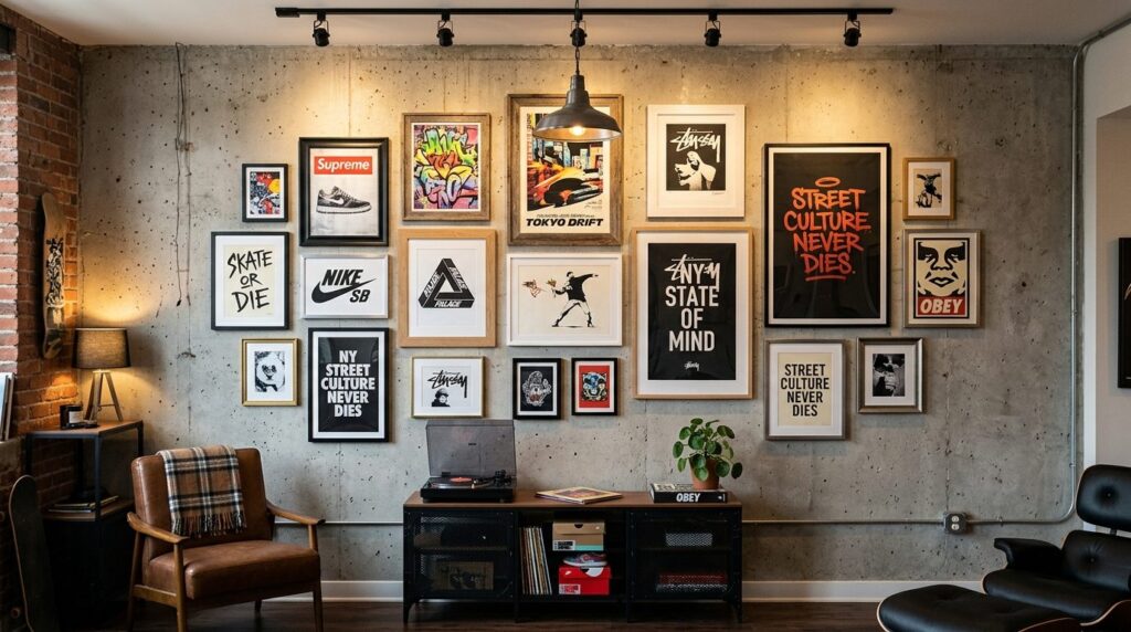 Curated gallery wall featuring multiple framed streetwear an