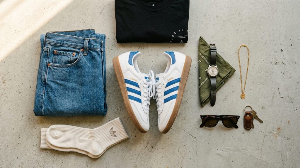 Flat lay lifestyle photography of Adidas Samba white sneaker