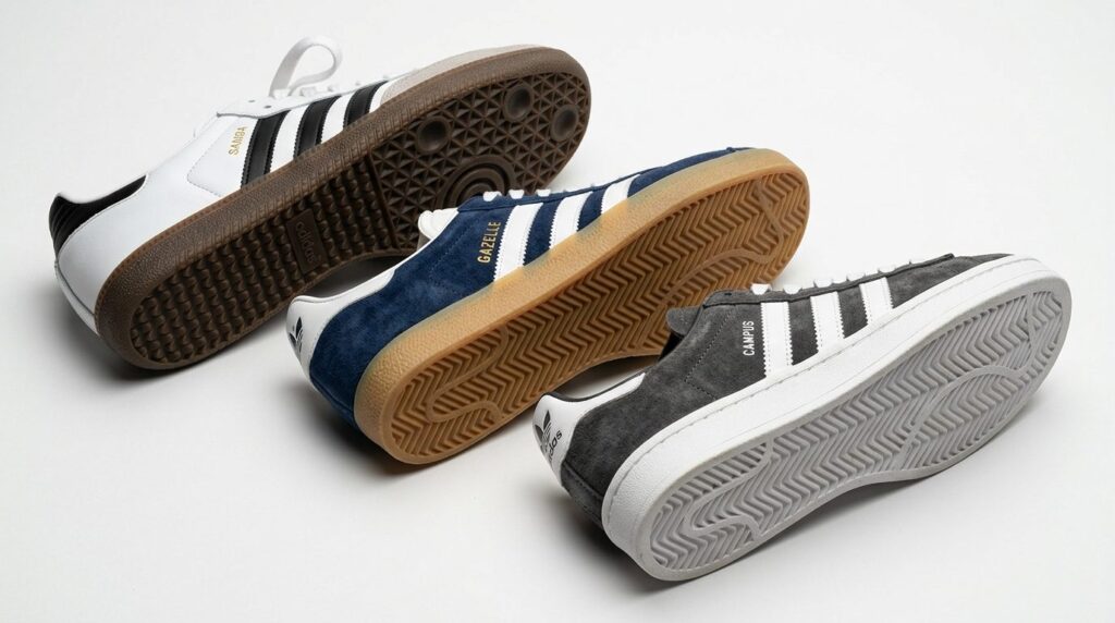 Close-up detail shot of three Adidas classic sneaker soles a